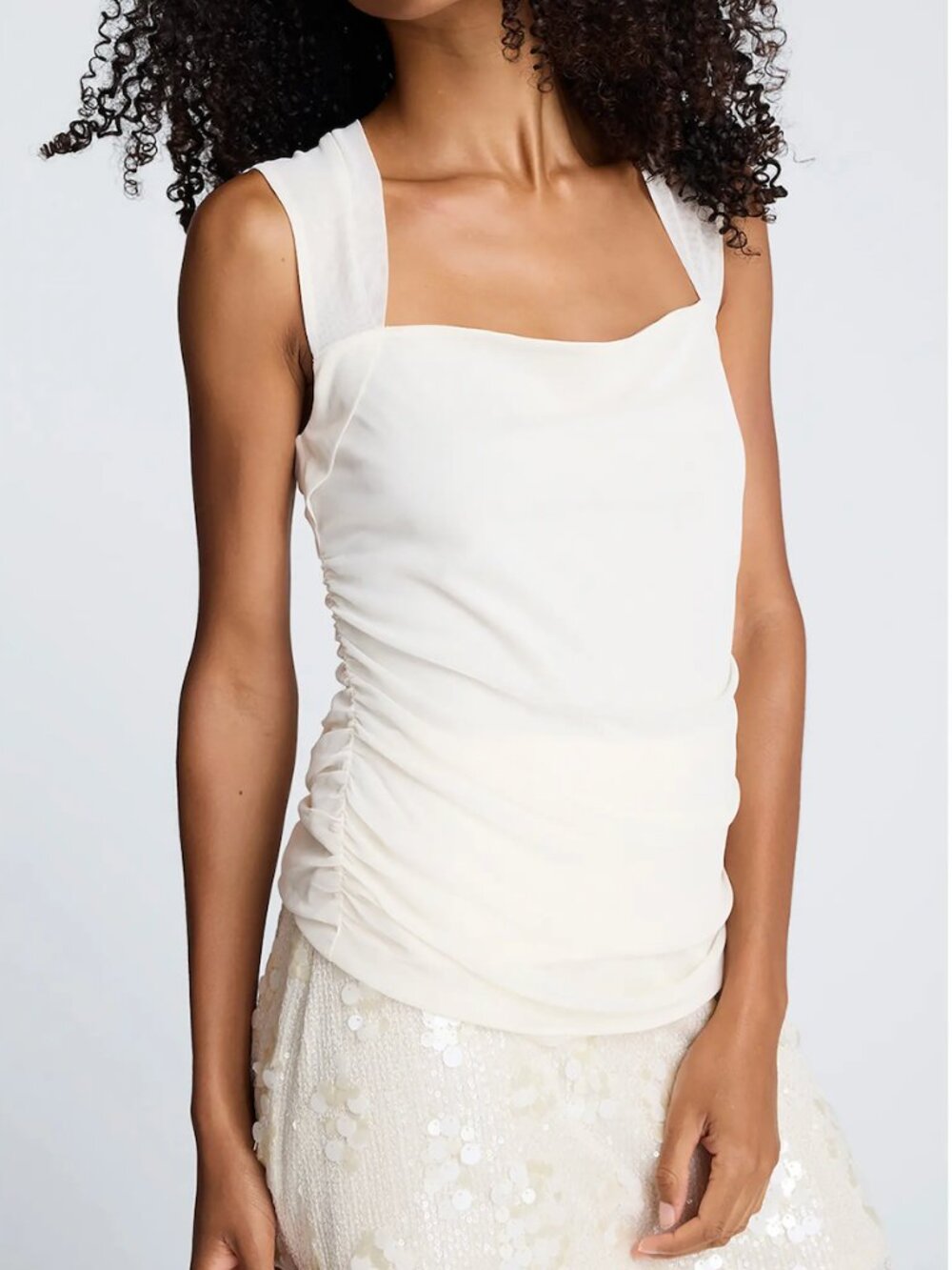Kenneth Cole Ruched Square Neck Mesh Top